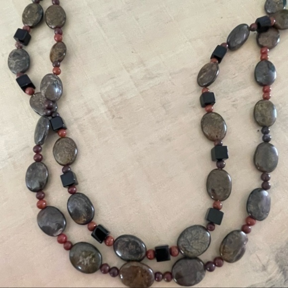 $49 SALE Handmade Layered Red Jasper Bronzite Necklace 26” Contemporary Long - Picture 4 of 8